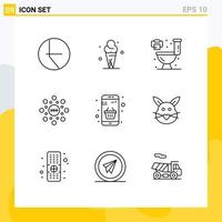 Pack of 9 Modern Outlines Signs and Symbols for Web Print Media such as money buy living basket seo Editable Vector Design Elements