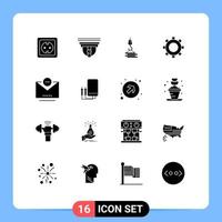 Mobile Interface Solid Glyph Set of 16 Pictograms of email gear cam cogs harbor Editable Vector Design Elements