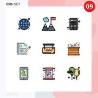 User Interface Pack of 9 Basic Filledline Flat Colors of gym pen app page document Editable Vector Design Elements