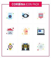 CORONAVIRUS 9 Flat Color Icon set on the theme of Corona epidemic contains icons such as stay home event eye risk treatment viral coronavirus 2019nov disease Vector Design Elements