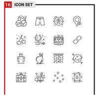 Outline Pack of 16 Universal Symbols of care cherry cat berry map Editable Vector Design Elements