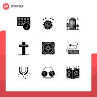 Set of 9 Vector Solid Glyphs on Grid for gps cross heart christian living area Editable Vector Design Elements