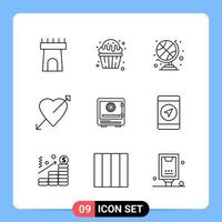 9 Line Black Icon Pack Outline Symbols for Mobile Apps isolated on white background 9 Icons Set vector