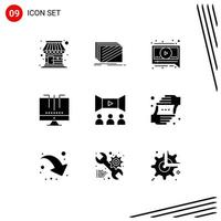 9 Creative Icons Modern Signs and Symbols of cinema optimization textures media connections Editable Vector Design Elements