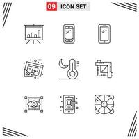 9 User Interface Outline Pack of modern Signs and Symbols of crop night blueprint moon plan Editable Vector Design Elements