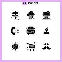 Set of 9 Vector Solid Glyphs on Grid for vehicle phone reality dial apps Editable Vector Design Elements