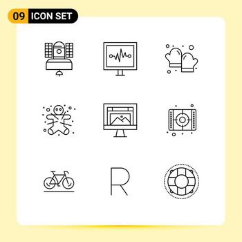 Pictogram Set of 9 Simple Outlines of app gingerbread man pulse line ginger glove Editable Vector Design Elements