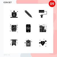 Editable Vector Line Pack of 9 Simple Solid Glyphs of night gift book shopping ecommerce Editable Vector Design Elements