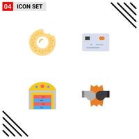 conjunto moderno de 4 iconos planos pictograma de donut boxing tarjeta de crédito city punch elementos de diseño vectorial editables vector