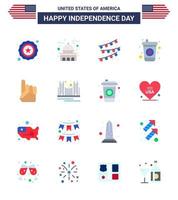 16 USA Flat Pack of Independence Day Signs and Symbols of american hand buntings foam hand drink Editable USA Day Vector Design Elements