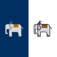 elefante animales iconos planos y llenos de línea conjunto de iconos vector fondo azul