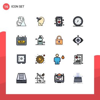 Group of 16 Flat Color Filled Lines Signs and Symbols for timer clock beat alert phone Editable Creative Vector Design Elements