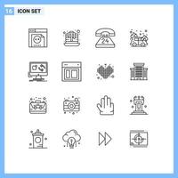 Group of 16 Modern Outlines Set for install app communication update fire Editable Vector Design Elements