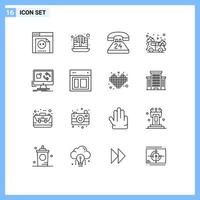 Group of 16 Modern Outlines Set for install app communication update fire Editable Vector Design Elements