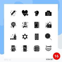 Group of 16 Modern Solid Glyphs Set for globe lamp brian idea camera Editable Vector Design Elements