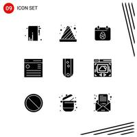 Pack of 9 Modern Solid Glyphs Signs and Symbols for Web Print Media such as diamonds menu calender interface communication Editable Vector Design Elements