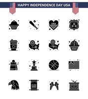 Happy Independence Day 4th July Set of 16 Solid Glyphs American Pictograph of drink police american shield american Editable USA Day Vector Design Elements