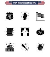 4th July USA Happy Independence Day Icon Symbols Group of 9 Modern Solid Glyphs of leisure usa american presidents day Editable USA Day Vector Design Elements