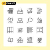 16 iconos creativos para el diseño moderno de sitios web y aplicaciones móviles receptivas 16 signos de símbolos de contorno sobre fondo blanco paquete de 16 iconos fondo de vector de icono negro creativo