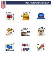 Set of 9 USA Day Icons American Symbols Independence Day Signs for cake smoke hat pipe native american Editable USA Day Vector Design Elements