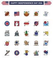 Pack of 25 USA Independence Day Celebration Flat Filled Lines Signs and 4th July Symbols such as soda cola cap bottle food Editable USA Day Vector Design Elements