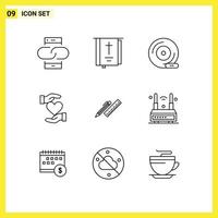 Modern Set of 9 Outlines and symbols such as hand heart religion storage device dvd Editable Vector Design Elements