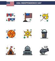 9 iconos creativos de estados unidos, signos de independencia modernos y símbolos del 4 de julio de deportes policiales, bola de estados unidos, elementos de diseño de vectores editables al aire libre del día de estados unidos