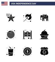 gran paquete de 9 ee.uu. feliz día de la independencia ee.uu. vector glifos sólidos y símbolos editables de la bandera de la puerta del elefante doméstico occidental elementos editables de diseño vectorial del día de ee.uu.