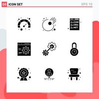 Mobile Interface Solid Glyph Set of 9 Pictograms of cogwheel programming com development coding Editable Vector Design Elements