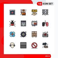 Pack of 16 Modern Flat Color Filled Lines Signs and Symbols for Web Print Media such as bug shared web spy shared server hand Editable Creative Vector Design Elements