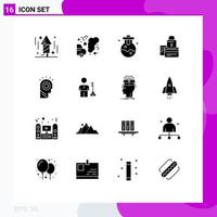 Modern Set of 16 Solid Glyphs Pictograph of idea secure chemical payment card Editable Vector Design Elements