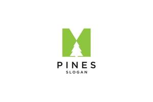 letra inicial m con cicuta, siempre verde, pinos, abetos, plantilla de diseño de logotipo de árboles de cedro vector