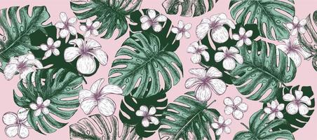 Tropical leaves pattern pink background. Hand drawn illustration. vector