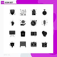 Pack of 16 Modern Solid Glyphs Signs and Symbols for Web Print Media such as count time shopping stopwatch meal Editable Vector Design Elements