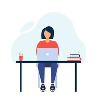 Businesswoman sitting at the table and working in laptop. Freelancer work at home. Office worker vector