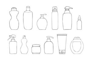 Set of hand drawn cosmetic bottles. Doodle clipart include containers for Cream, Lotion, Shampoo, Spray and Soap, Foam for design. Isolated on white background. vector