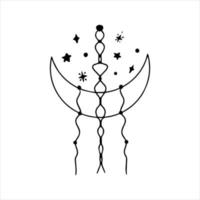 Hand drawn doodle boho moon crescent decorated with stars, beads, sparkle and threads. Isolated on white background vector