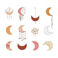 Set of hand drawn various colorful doodle moon crescents decorated with stars, stripes, cobweb, hearts, beads, dots in boho style. Isolated on white background vector