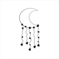 Hand drawn doodle boho moon crescent decorated with stars and threads. Isolated on white background vector