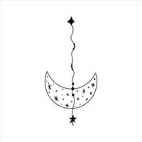 Hand drawn doodle boho moon crescent decorated with stars, beads, sparkle and threads. Isolated on white background vector