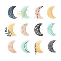 Set of hand drawn various crescents decorated with floral ornaments, stems, branches, leaves in boho style. Isolated on white background vector