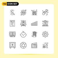 User Interface Pack of 16 Basic Outlines of study book cart pipe cleaning Editable Vector Design Elements