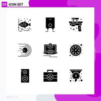 Mobile Interface Solid Glyph Set of 9 Pictograms of cam light gun flight asteroid Editable Vector Design Elements