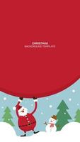 feliz santa claus lleva una gran bolsa roja de abrazo como un espacio en blanco con un muñeco de nieve y un fondo de paisaje nevado. plantilla vertical de concepto de navidad para publicidad. Linda tarjeta de felicitación de ilustración de Navidad. vector