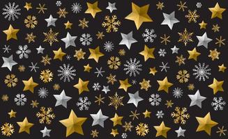 ilustración de estrellas con copos de nieve dorados y plateados en patrón negro. fondo de elementos navideños de lujo. vector