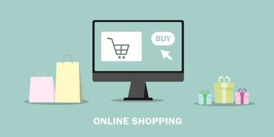 Online shopping on computer concept, e-shopping and e-commerce, online digital store with shopping cart and goods. Flat design illustration vector