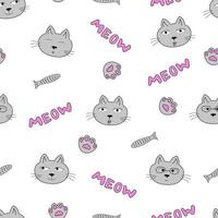 Seamless vector pattern with  cartoon cat, fish, paw on White Background.