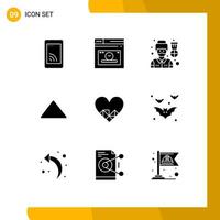 Universal Icon Symbols Group of 9 Modern Solid Glyphs of love video driver play arrow Editable Vector Design Elements