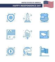 4th July USA Happy Independence Day Icon Symbols Group of 9 Modern Blues of cold flag washington country security Editable USA Day Vector Design Elements