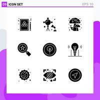 Group of 9 Solid Glyphs Signs and Symbols for biological badge studio lightning star mushrooms Editable Vector Design Elements